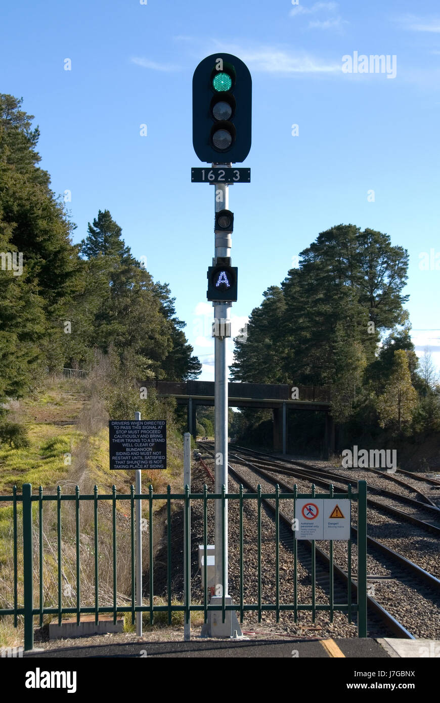 sign signal station railway locomotive train engine rolling stock vehicle means Stock Photo