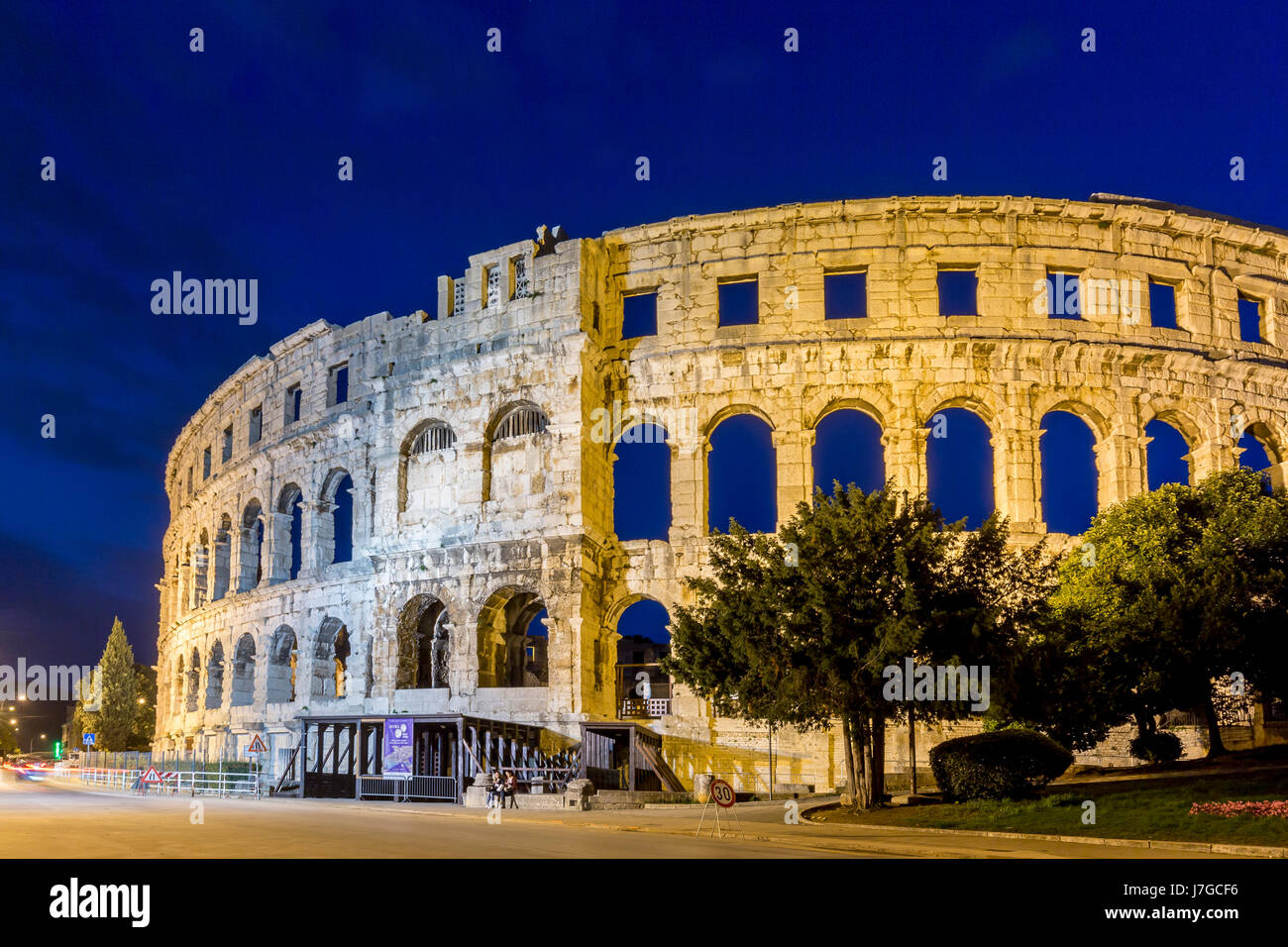 Roman amphitheater at night, Pula, Istria, Croatia Stock Photo