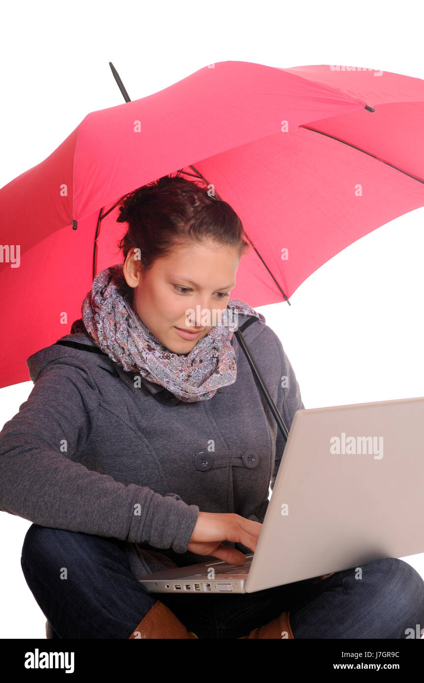 woman laptop notebook computers computer umbrella learn teenager young