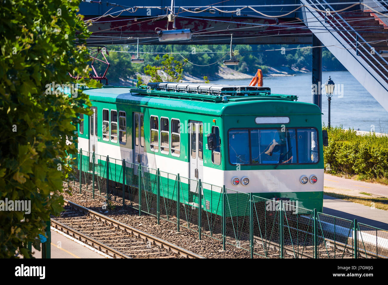 Green suburb train in Budapest, Humgary Stock Photo