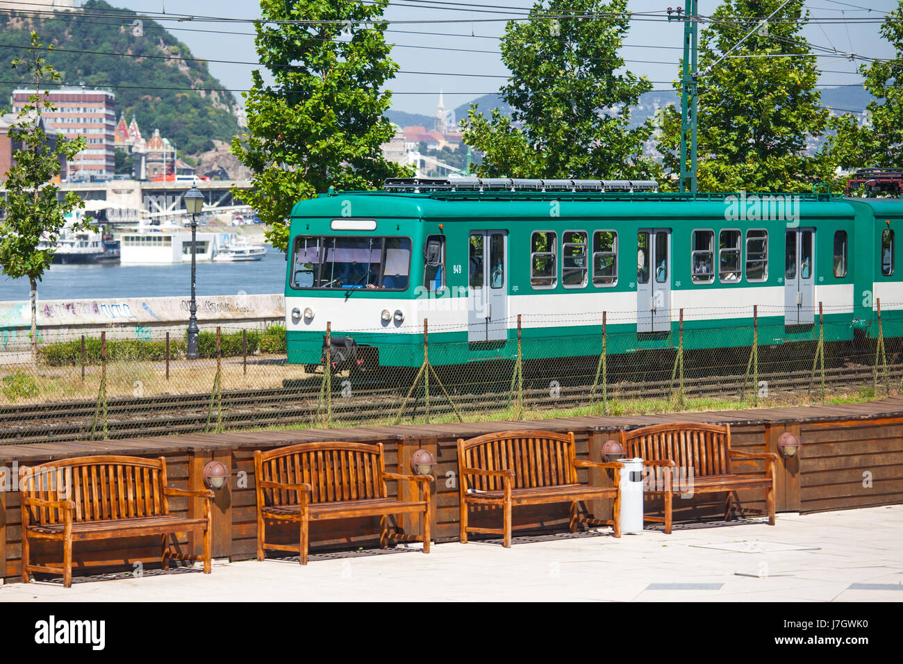 Green suburb train in Budapest, Humgary Stock Photo