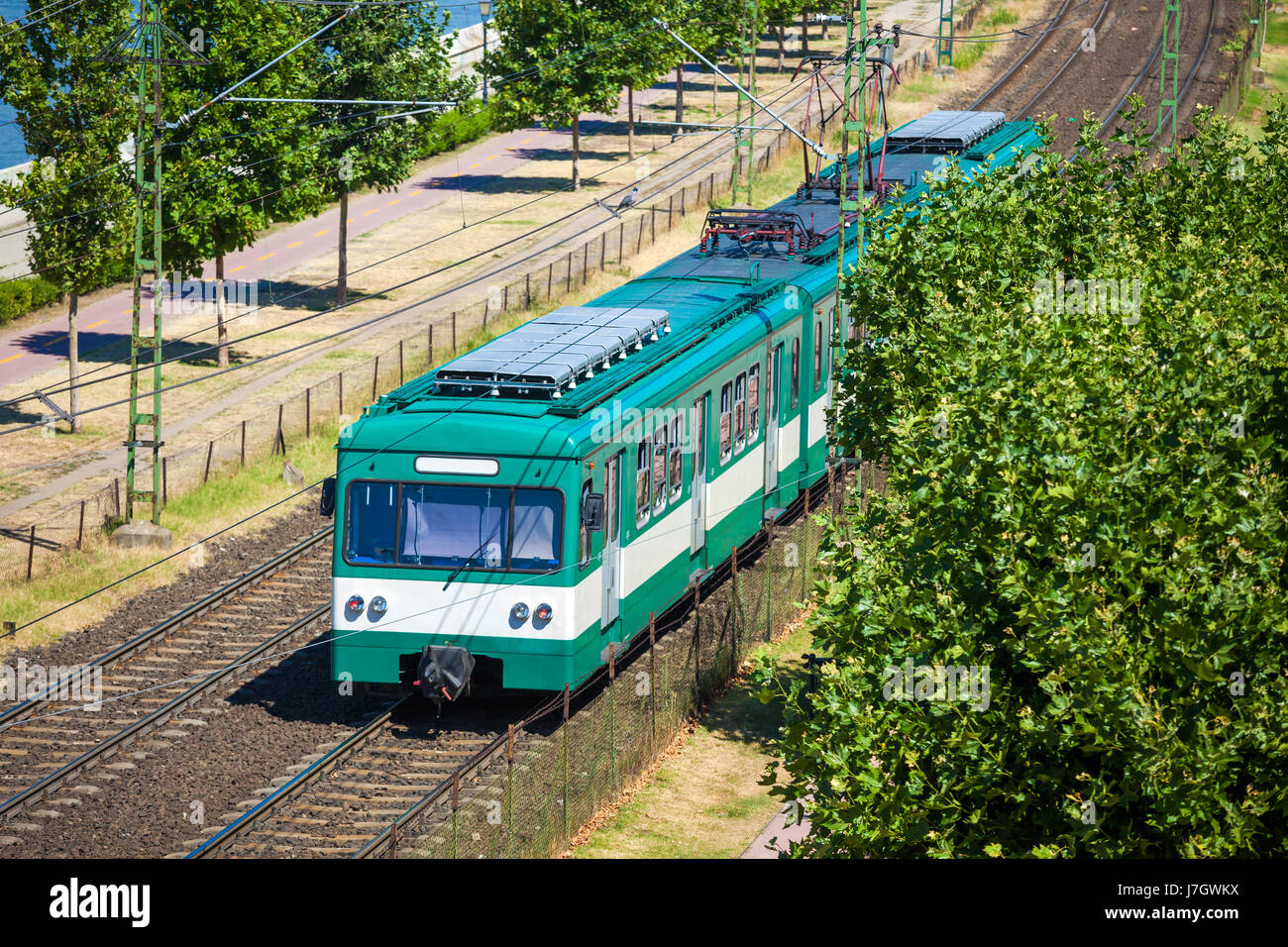 Green suburb train in Budapest, Humgary Stock Photo