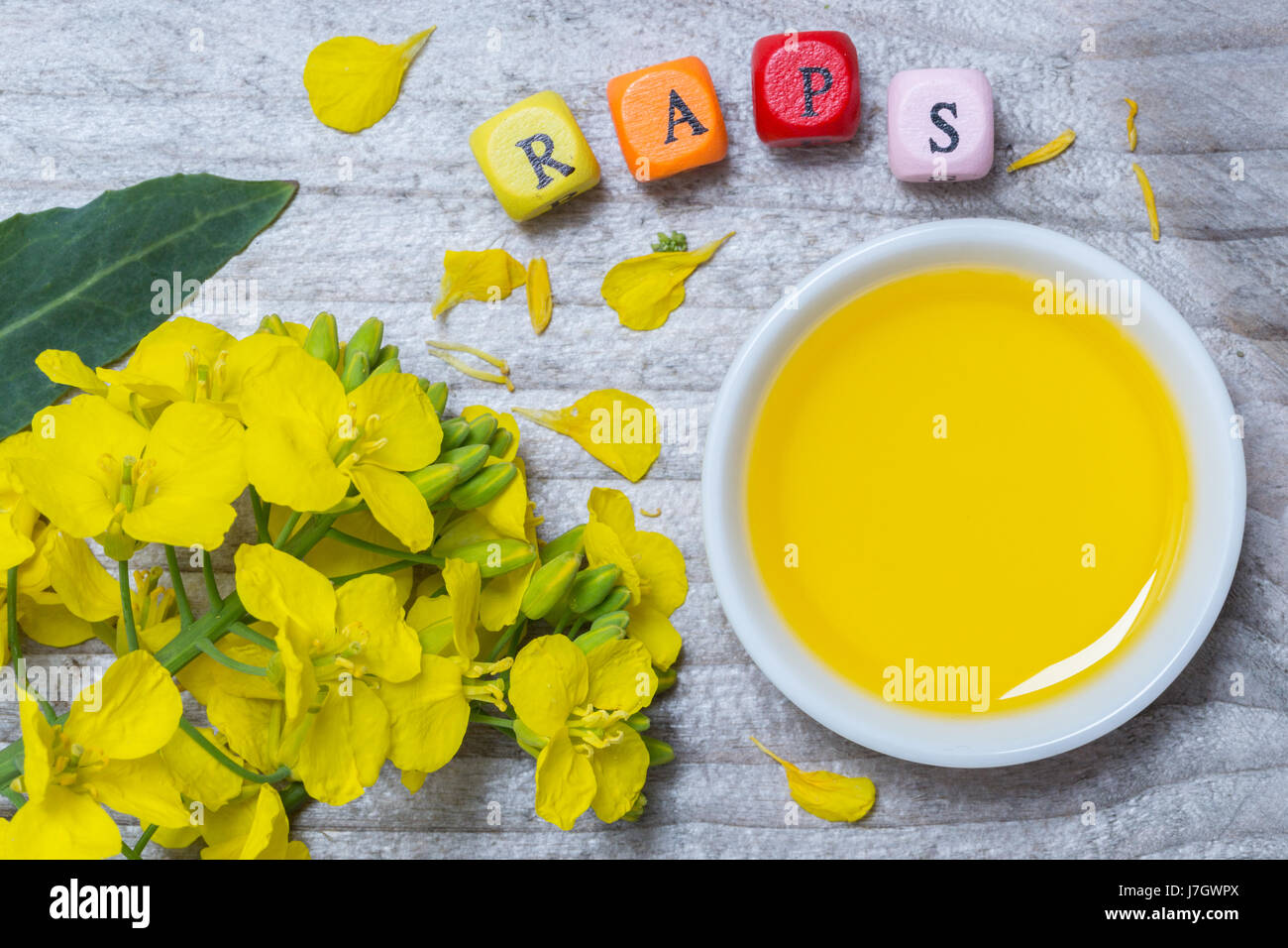 Raps (in german canola) with blossom and oil concept on gray wood Stock ...