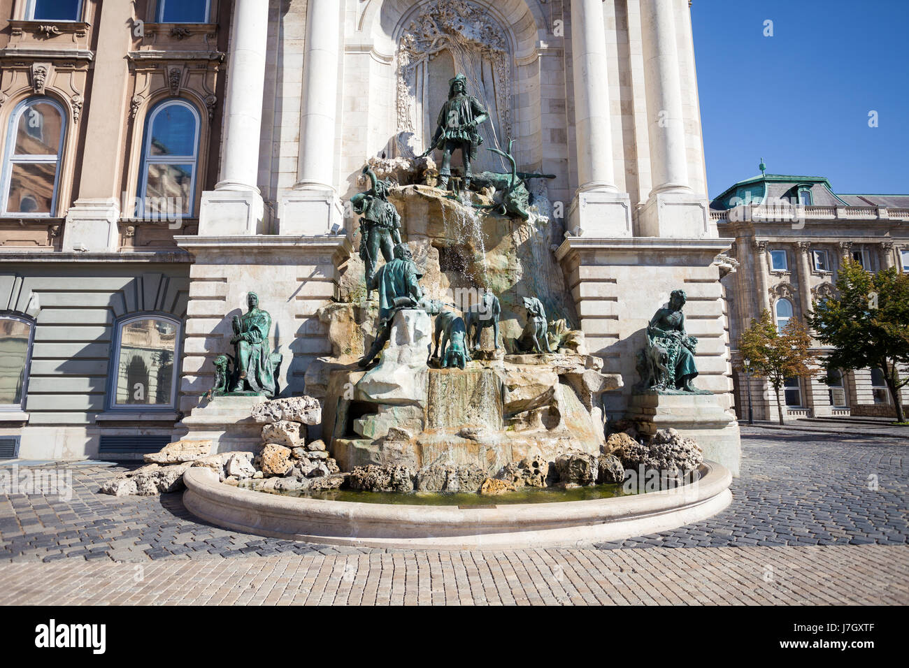 Matthias Fountain in the northwest courtyard of the Buda Castle Royal Palace, Budapest, Hungary Stock Photo