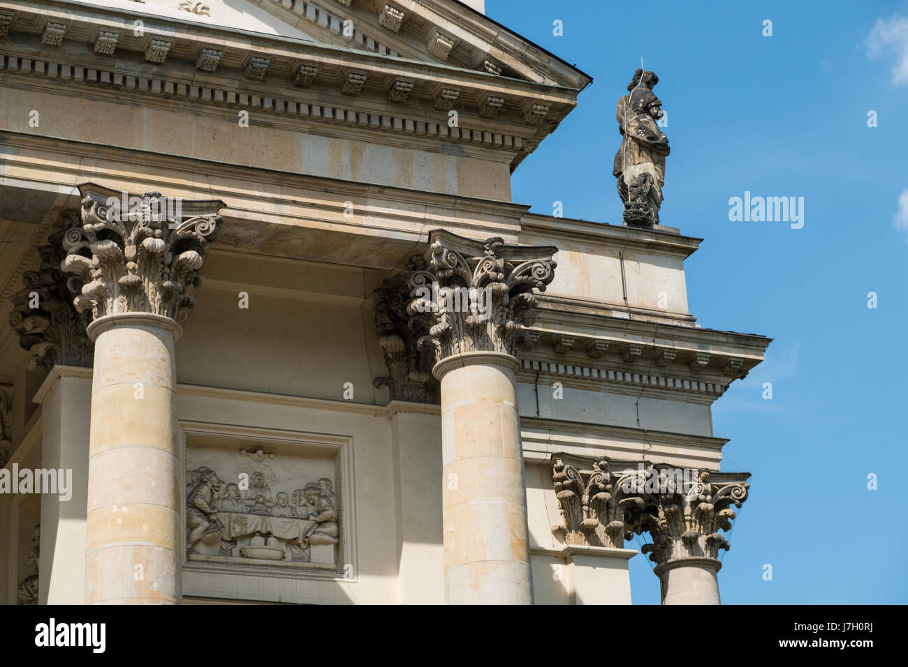 Berlin, Germany - may 23, 2017:  Historic facade detail of the pillars / capitals of the columns of the French Dome at Gendarmenmarkt in Berlin. Stock Photo