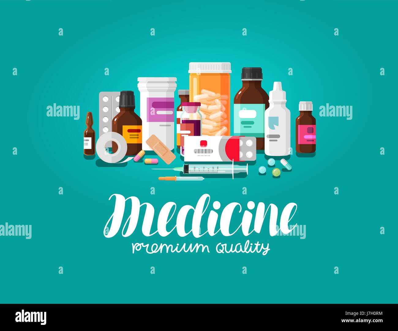 Medicine concept. Pharmacy, pharmaceutics, hospital, clinic icons or logo. Flat design, vector illustration Stock Vector