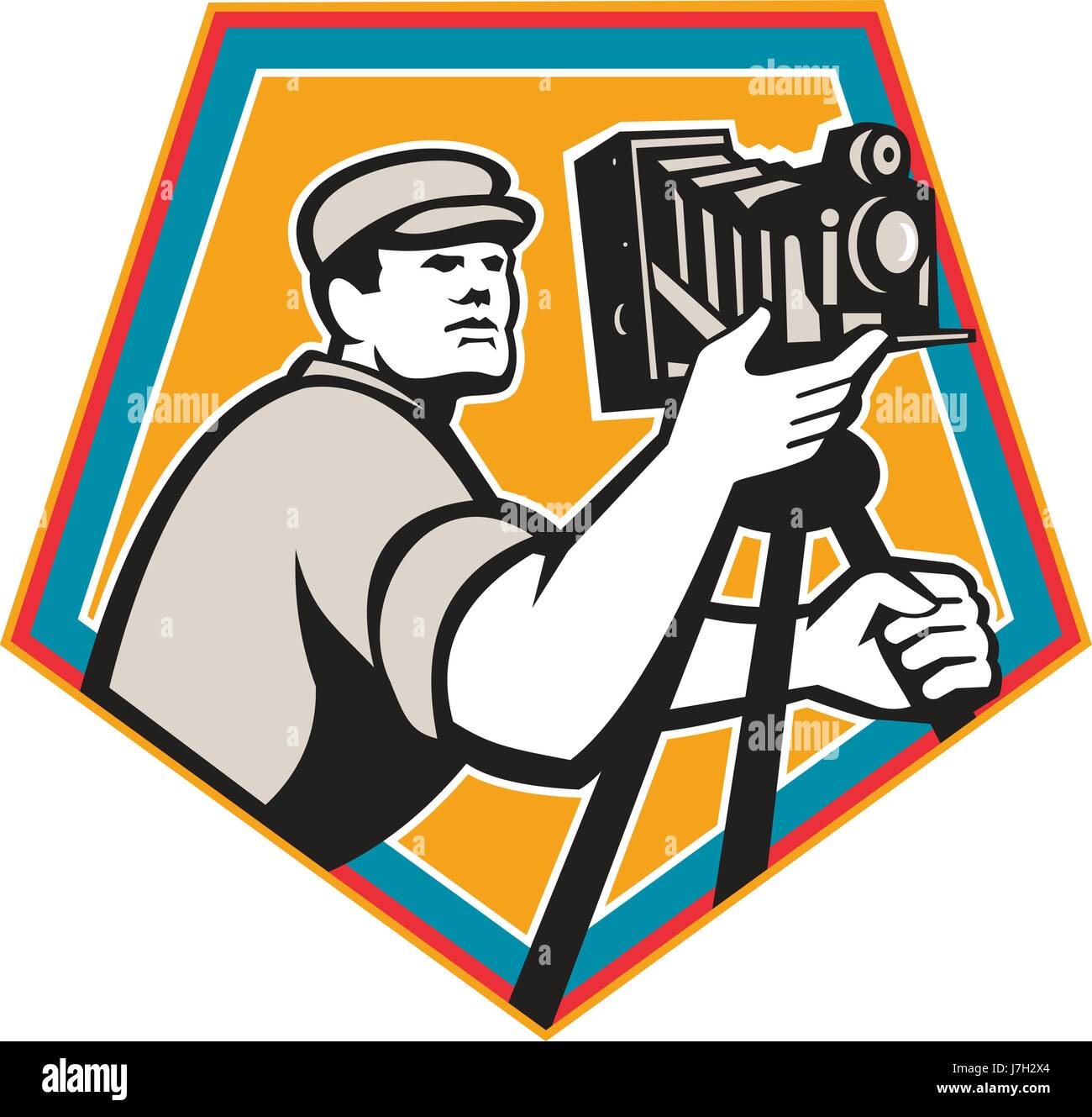 Illustration of a cameraman movie director with vintage movie film camera viewed from low angle set inside shield crest on isolated background done in Stock Vector
