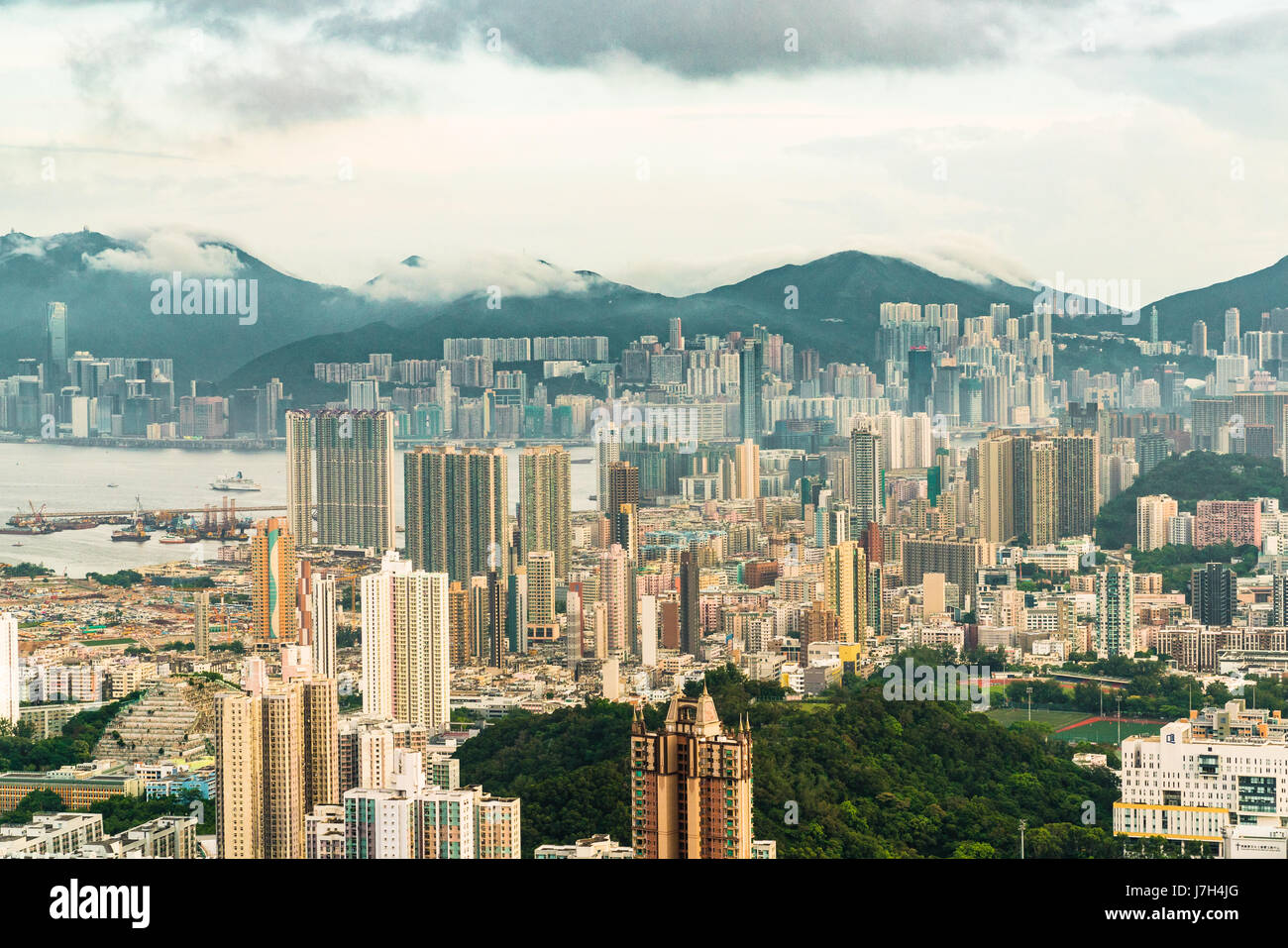 The Kowloon skyline taken in the evening from Lion Rock Peak Stock Photo