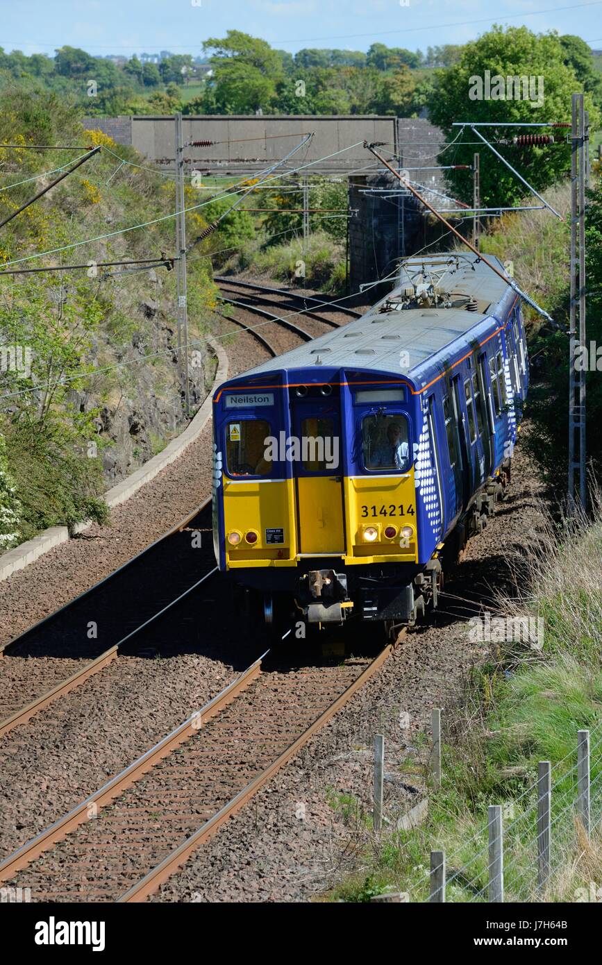 A Scotrail electrified commuter train running between Glasgow Central and Neilston,  East Renfrewshire, Scotland, UK Stock Photo