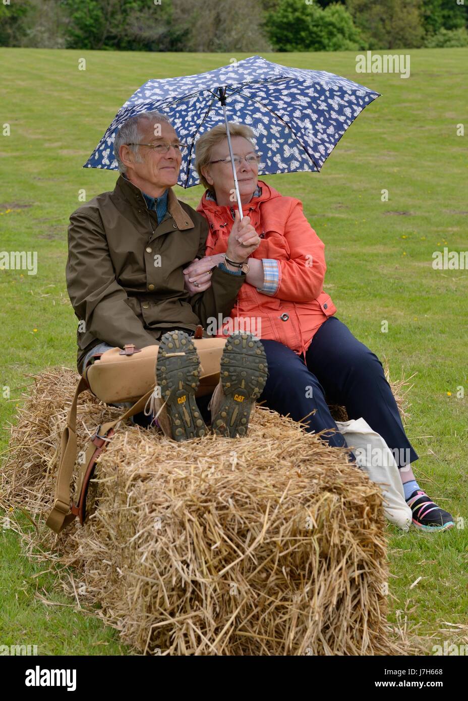 A mature couple share an umbrella while sitting on a bale of hay in a field in Scotland. Stock Photo