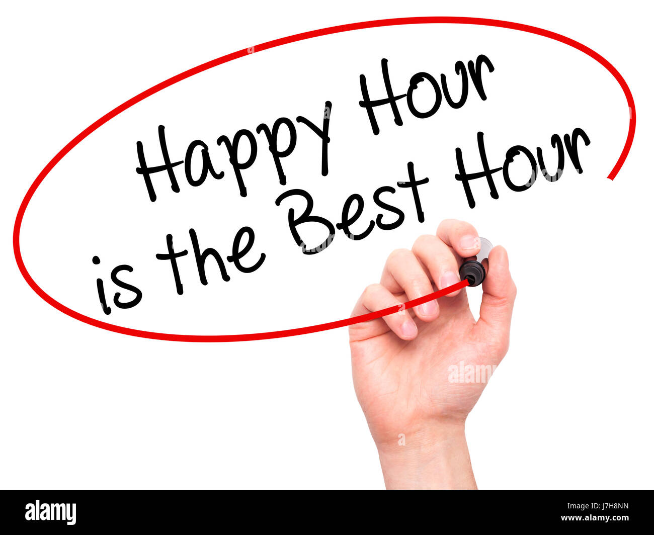 Man Hand writing Happy Hour is the Best Hour with black marker on