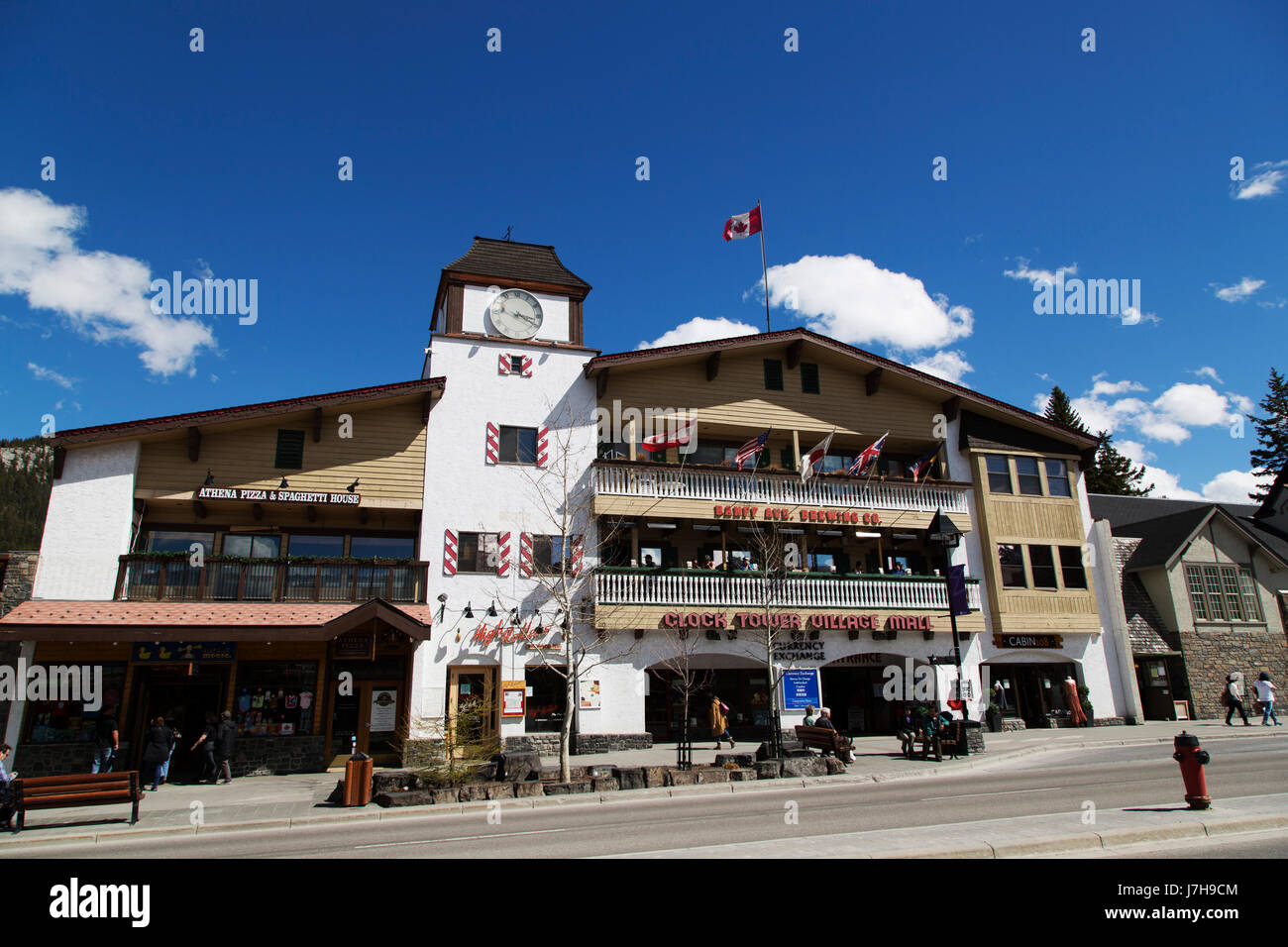 The Clock Tower Village Mall in Banff, Canada. The mall is the location of the Banff Avenue Brewing Company. Stock Photo