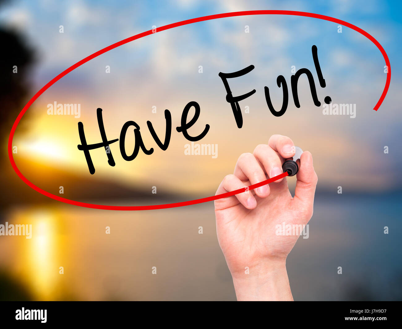 Script Have Fun Man Hand writing Have Fun! with black marker on visual screen. Isolated ...