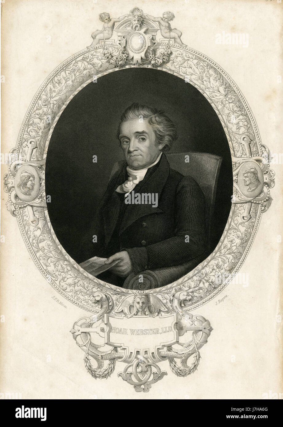 Antique c1860 engraving, Noah Webster. Noah Webster, Jr. (1758-1843) was an American lexicographer, textbook pioneer, English-language spelling reformer, political writer, editor, and prolific author. SOURCE: ORIGINAL ENGRAVING. Stock Photo