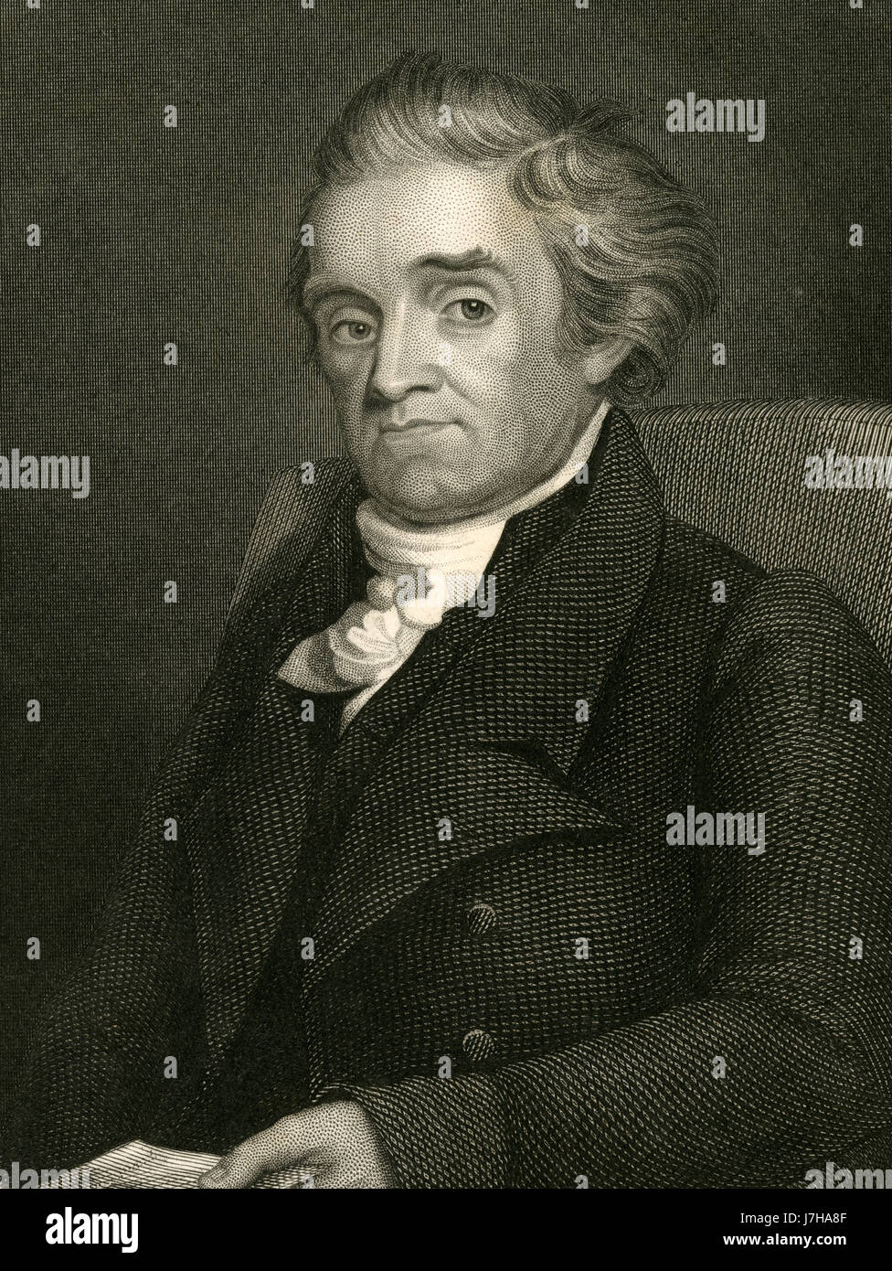 Antique c1860 engraving, Noah Webster. Noah Webster, Jr. (1758-1843) was an American lexicographer, textbook pioneer, English-language spelling reformer, political writer, editor, and prolific author. SOURCE: ORIGINAL ENGRAVING. Stock Photo