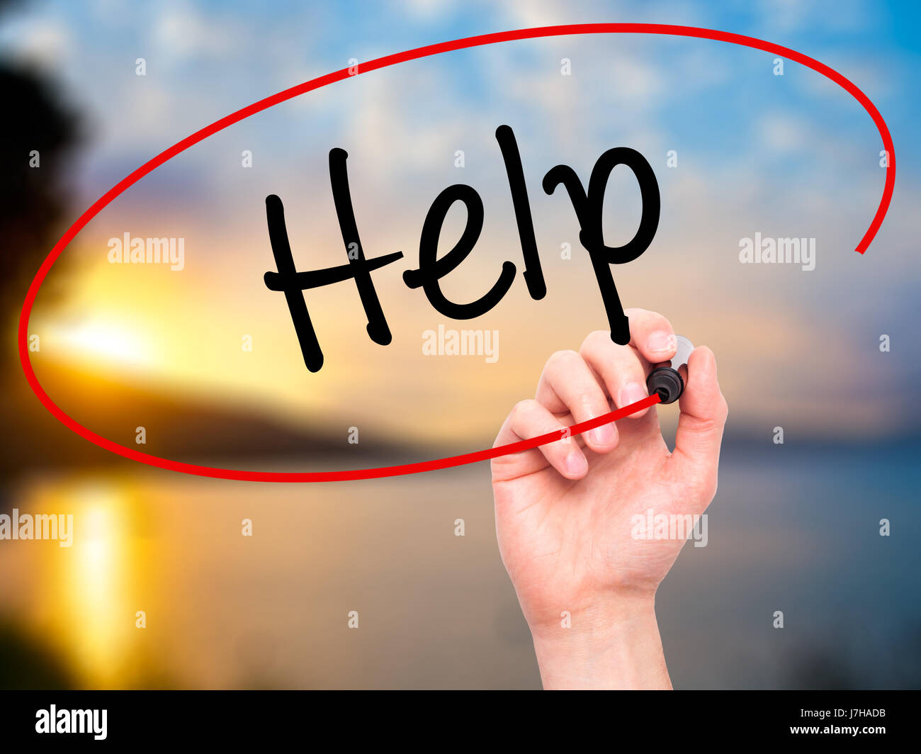 Man Hand writing Help with black marker on visual screen. Isolated on ...