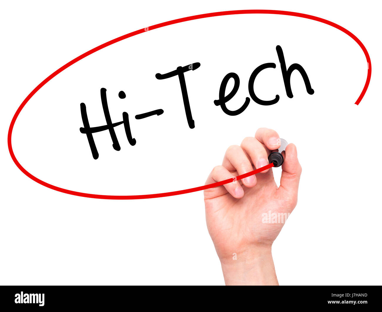 Computer Written Hi Man Hand writing Hi-Tech with black marker on visual screen. Isolated ...