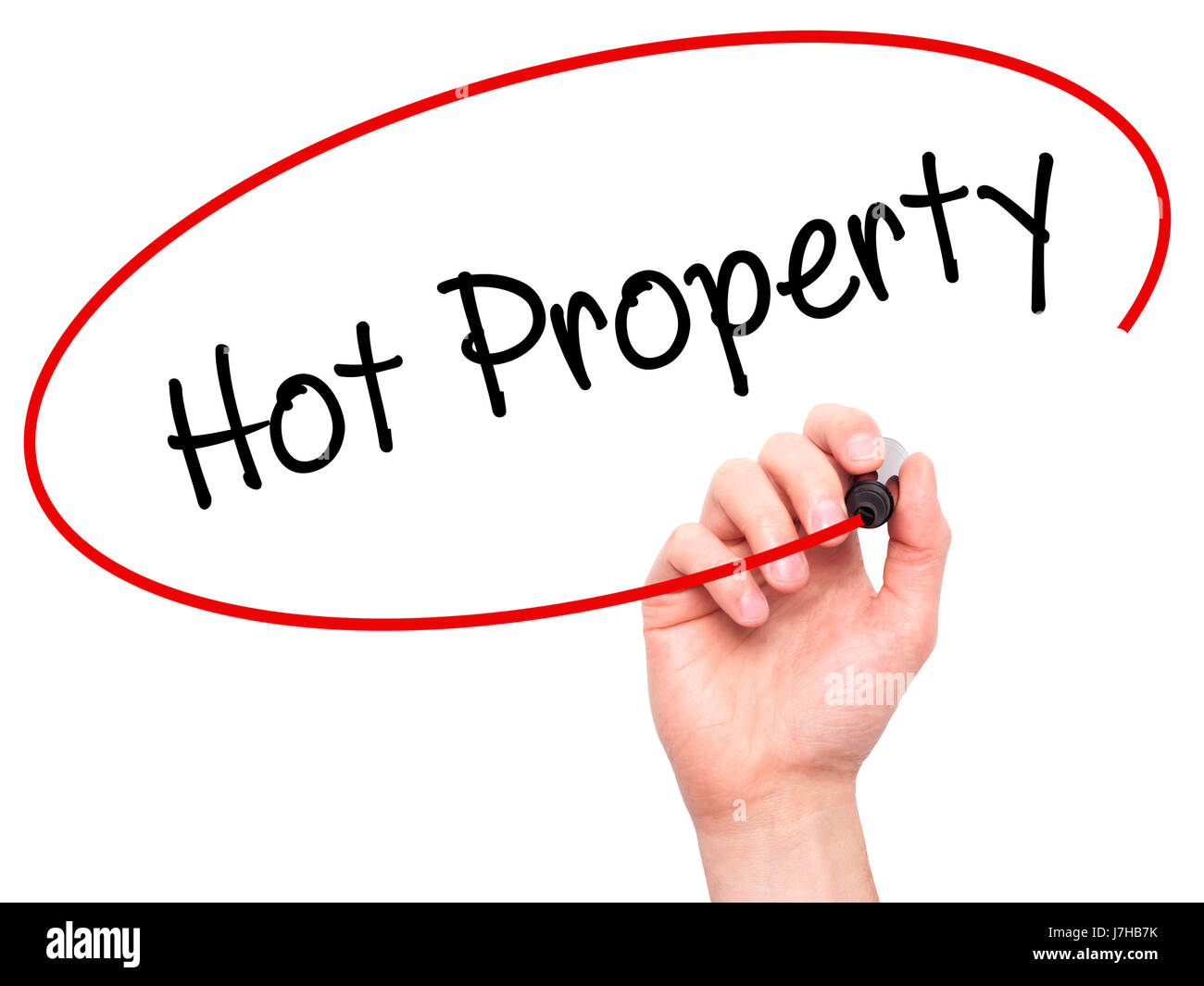 Man Hand writing Hot Property with black marker on visual screen. Isolated on white. Business