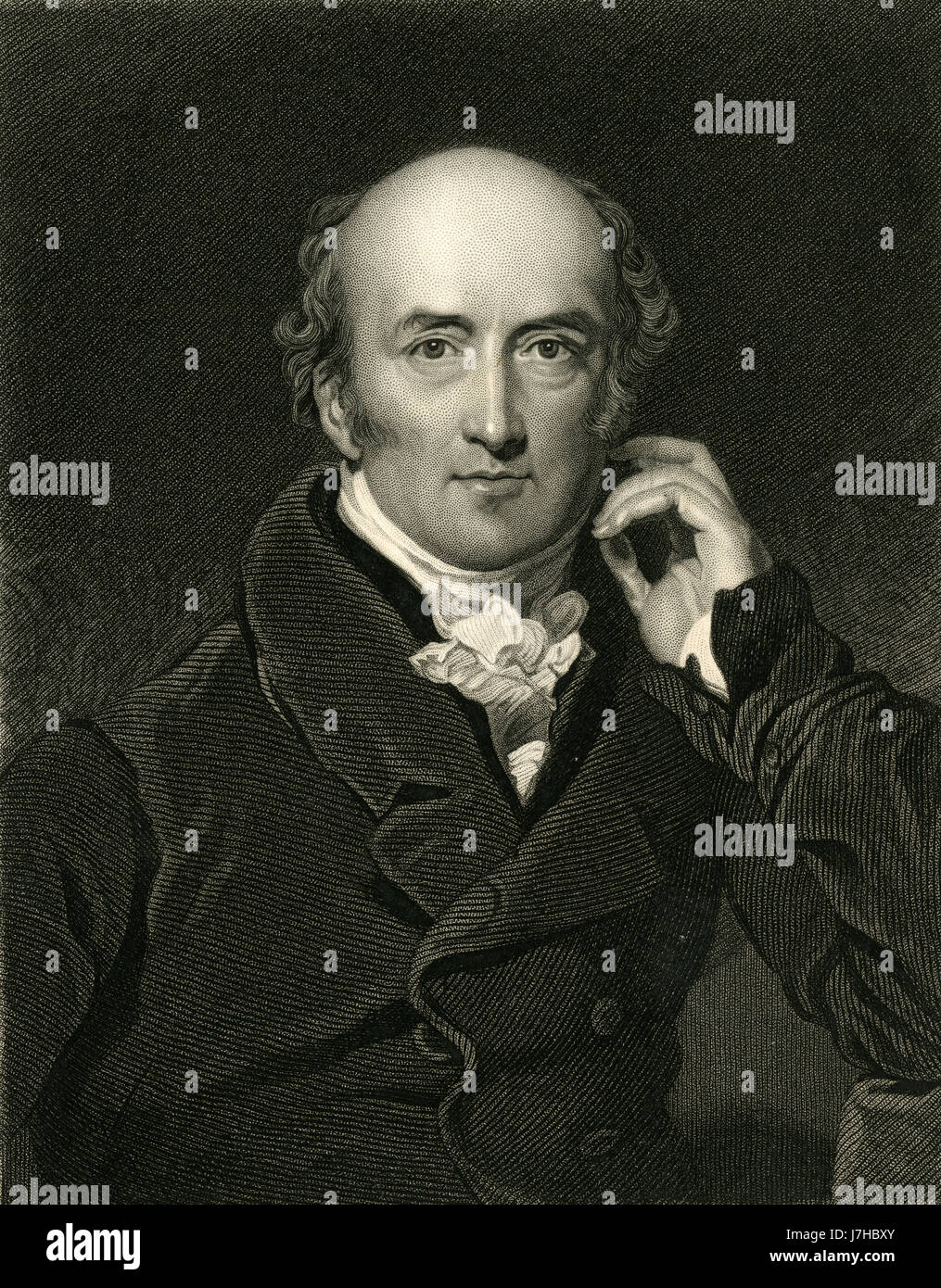 Antique 1836 engraving, George Canning. George Canning (1770-1827) was a British statesman and Tory politician who served in various senior cabinet positions under numerous Prime Ministers, before himself serving as Prime Minister for the final four months of his life. SOURCE: ORIGINAL ENGRAVING. Stock Photo