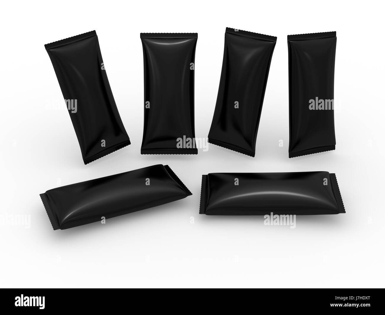 Blank black  flow wrap packet with clipping path, packaging or wrapper for Chocolate ,cookies, biscuit, milk bar, wafers, crackers, snacks or any kind Stock Photo