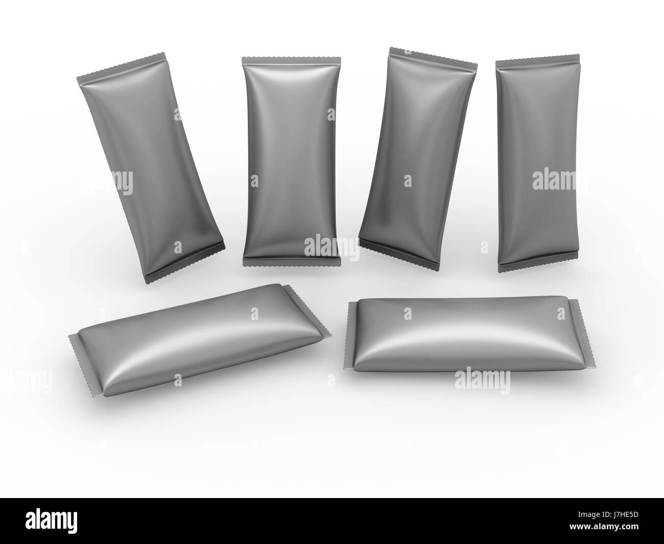 Metallic foil  blank flow wrap packet with clipping path, packaging or wrapper for Chocolate ,cookies, biscuit, milk bar, wafers, crackers, snacks or  Stock Photo