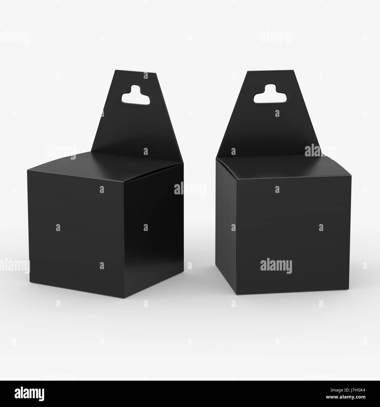 Black paper box packaging with hanger, clipping path included. Template package for variety product like ink cartridge, electronic or stationery. read Stock Photo