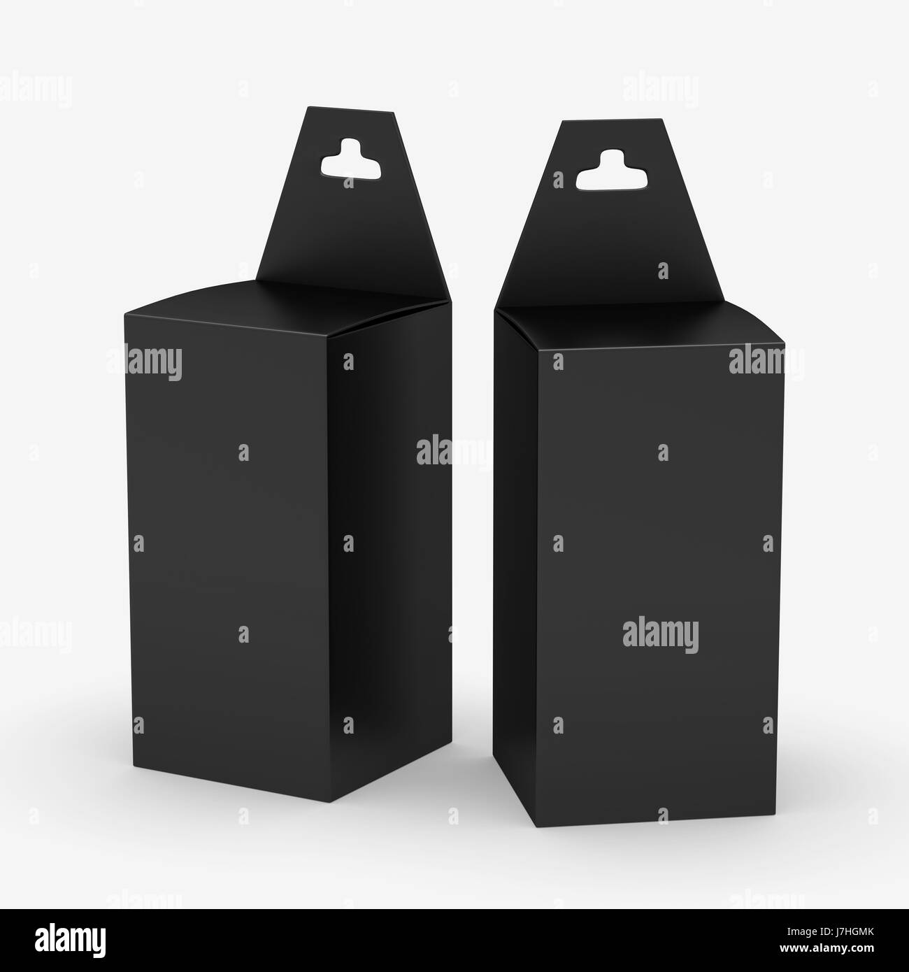Black rectangle paper  box packaging with hanger, clipping path included. Template package for variety product like ink cartridge, electronic or stati Stock Photo