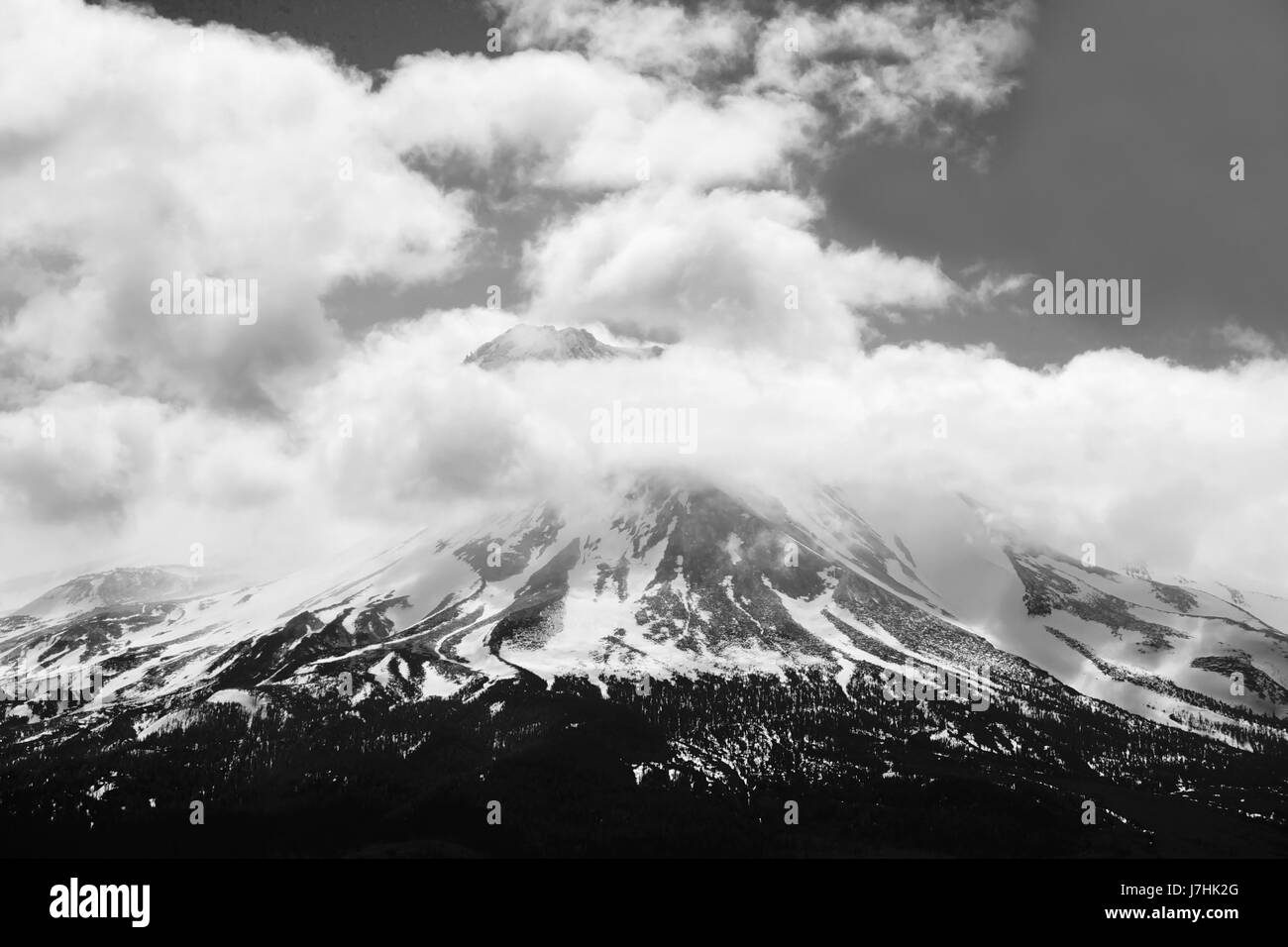 Top of Mount Shasta viewed from the Weed Rest Stop in California, USA, along  highway I-5- black and white rendering Stock Photo
