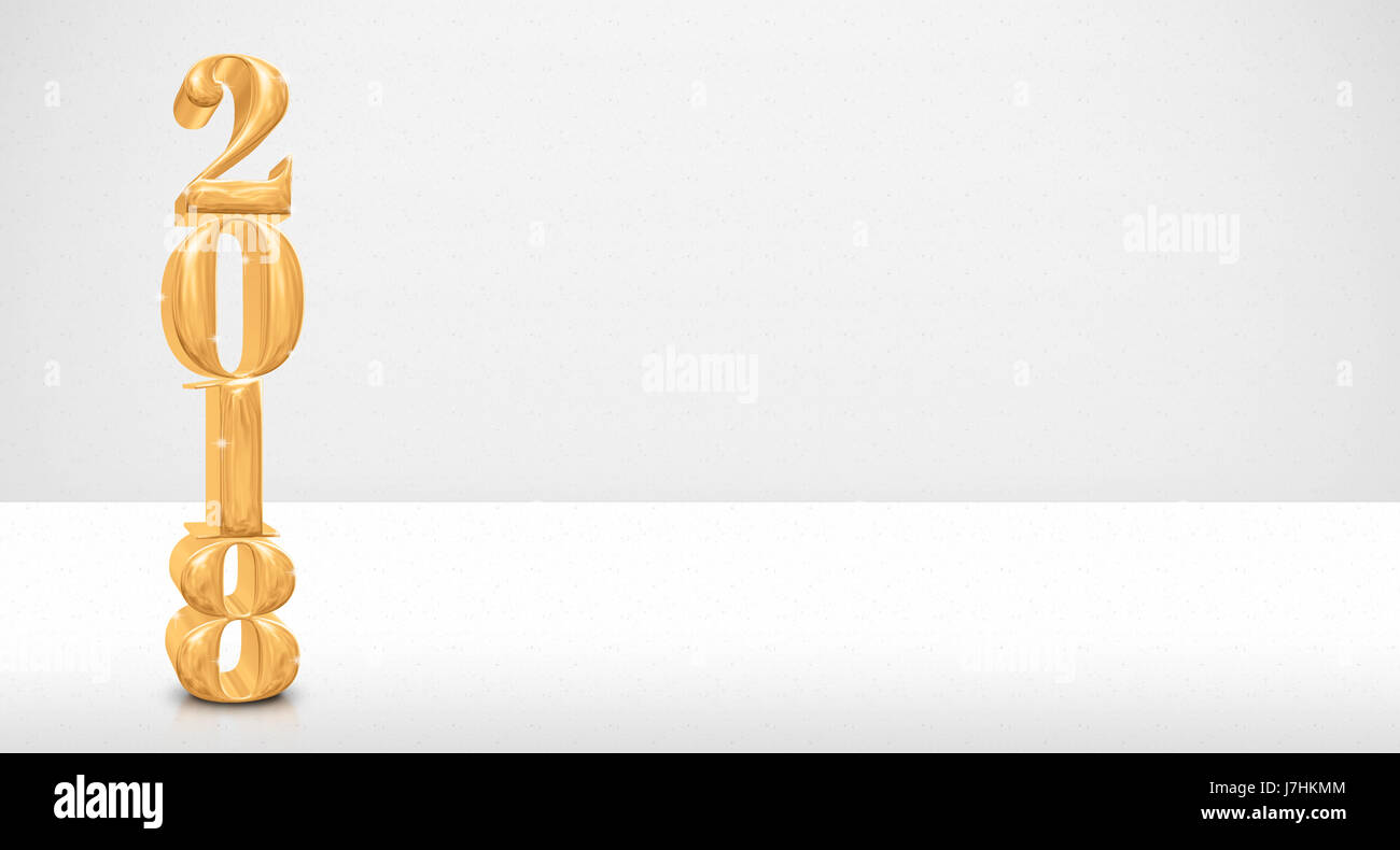 Golden 2018 number (3d rendering) on white table and white wall,Leave copy space for adding text or display of product for holiday seasonal,New year a Stock Photo