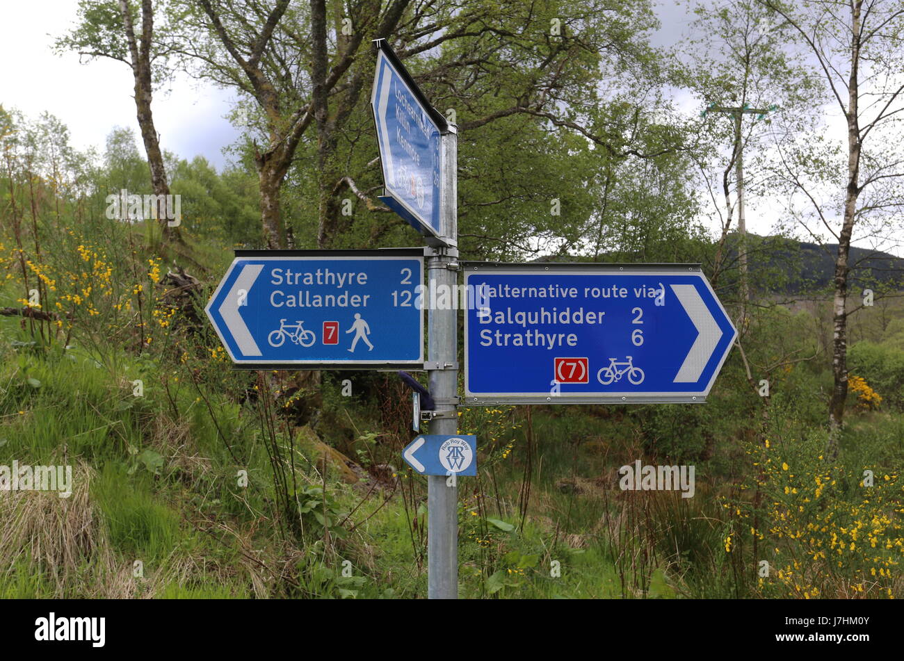 Sign on National Cycle Route 7 and Rob Roy Way near Balquhidder Scotland May 2017 Stock Photo