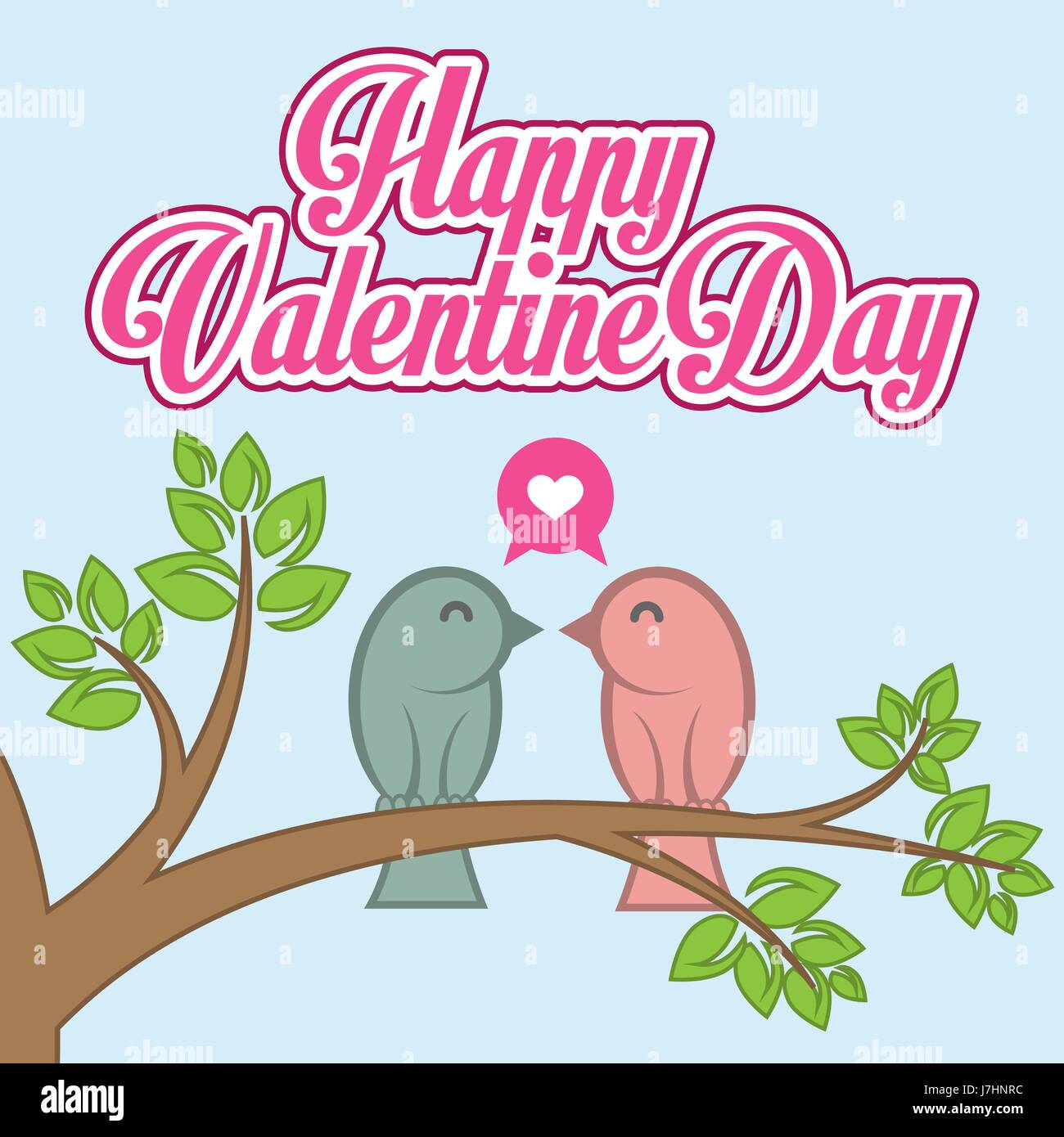 Flat Valentine Day Vector Card With Birds In Love On Tree Branch Stock ...