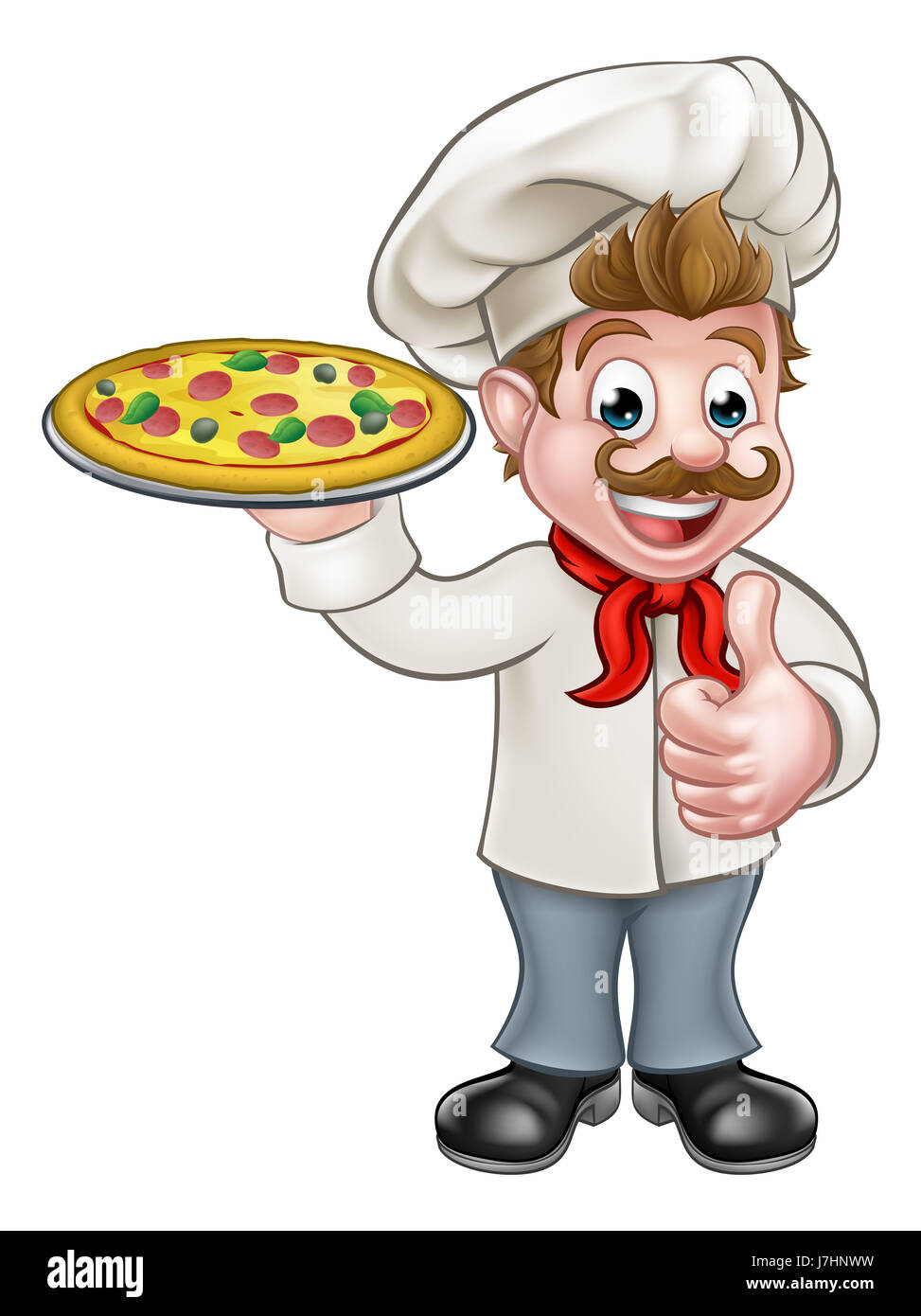 Cartoon chef cook character holding a pizza and giving a thumbs up Stock Photo