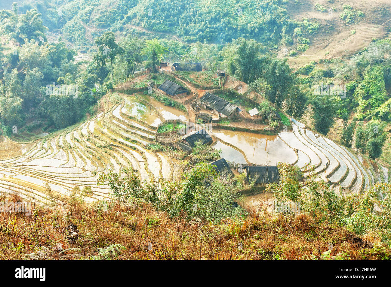 Village and rice terraces  in  northern Vietnam (near Sa Pa). Stock Photo