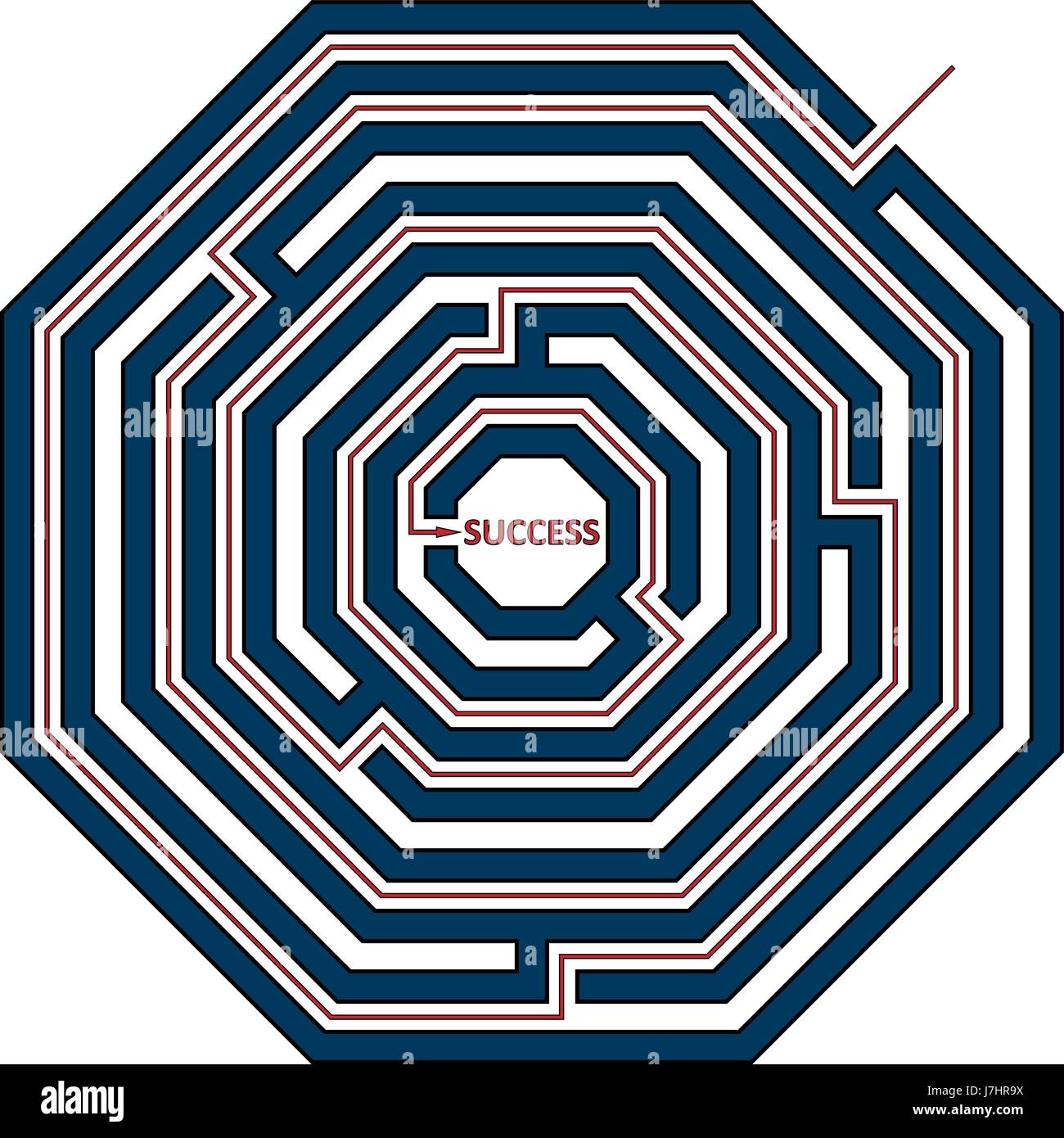 Vector illustration of a octagon maze with the solution as a red line to success. Labyrinth isolated on white background. Stock Vector