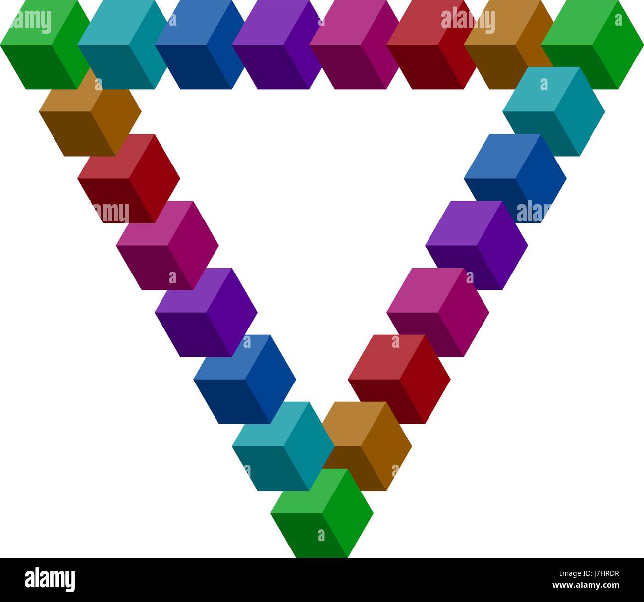 Penrose triangle constructed of a lot of colorful vector blocks. Isometric cubes for impossible 3d designing. Mathematical object with mental trick. O Stock Vector