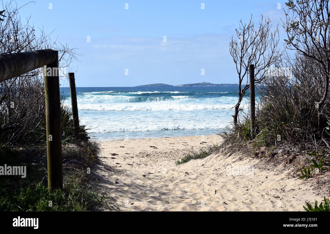 Sea beach walkway, path entrance. Sandy ocean beach entrance. Montague