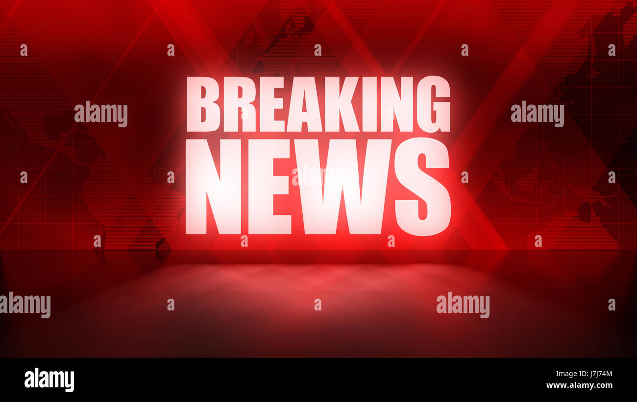 Breaking News Background in Red, rectangles and world map overlapping with reflective floor Stock Photo
