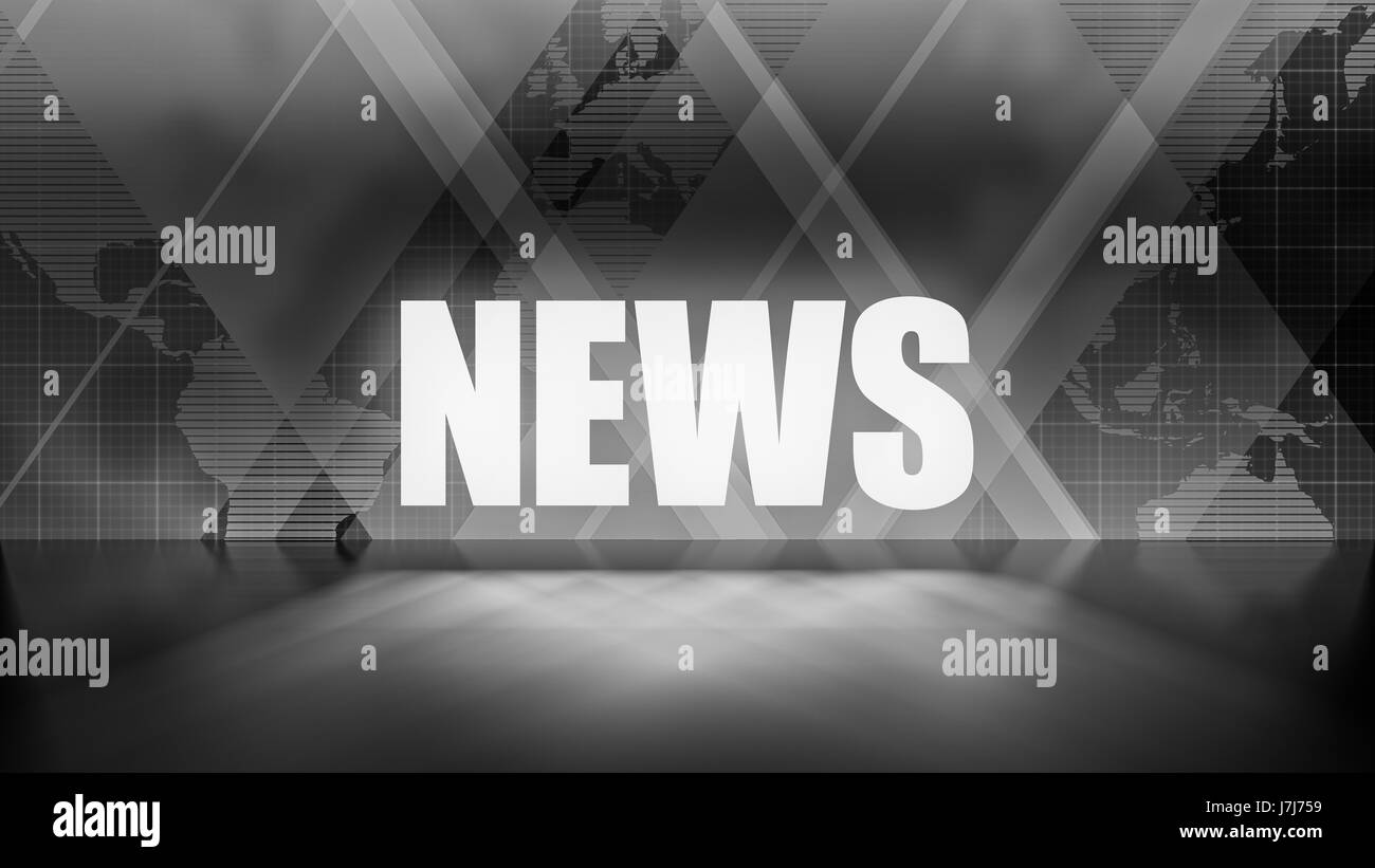 News Background in Black and White, rectangles and world map overlapping with reflective floor Stock Photo
