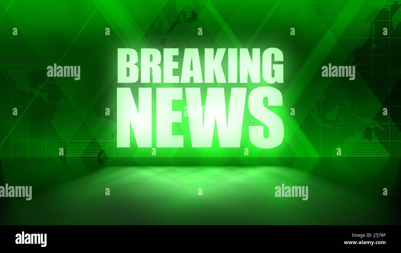 Breaking News Background in Green, rectangles and world map overlapping with reflective floor Stock Photo