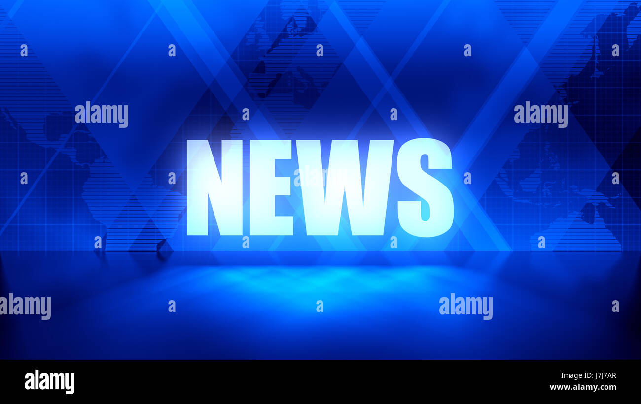News Background in Blue, rectangles and world map overlapping with reflective floor Stock Photo