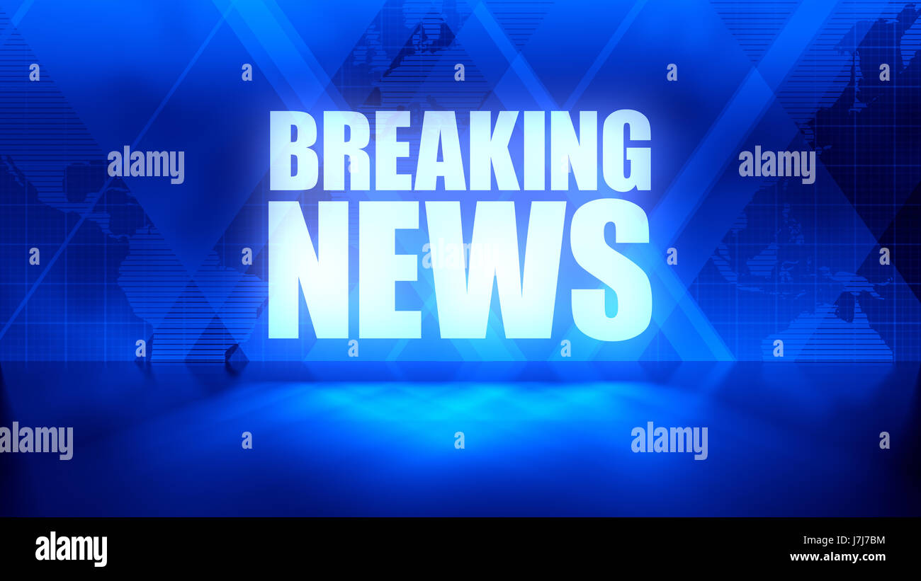 Breaking News Background in Blue, rectangles and world map overlapping with reflective floor Stock Photo