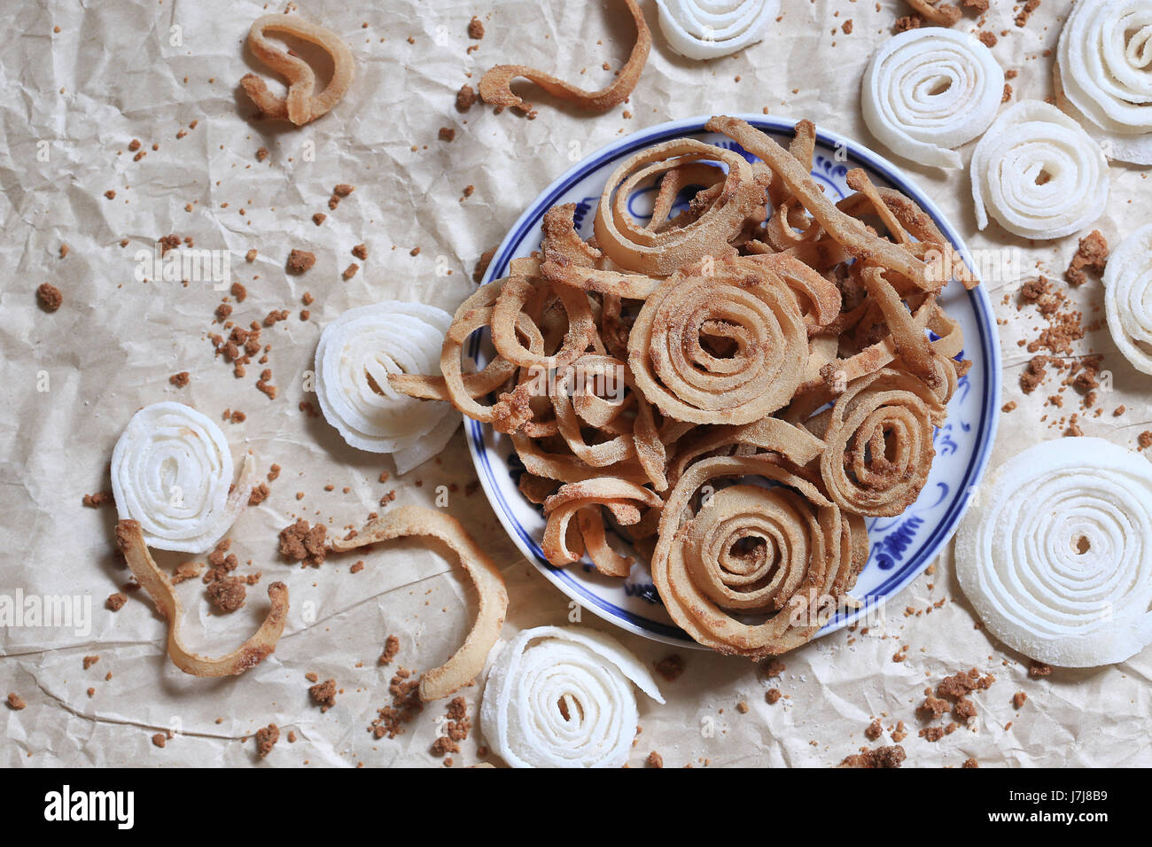 Dried candied coconut pulp (Vietnamese popular sweet dried candied in tet holiday) - view from above Stock Photo