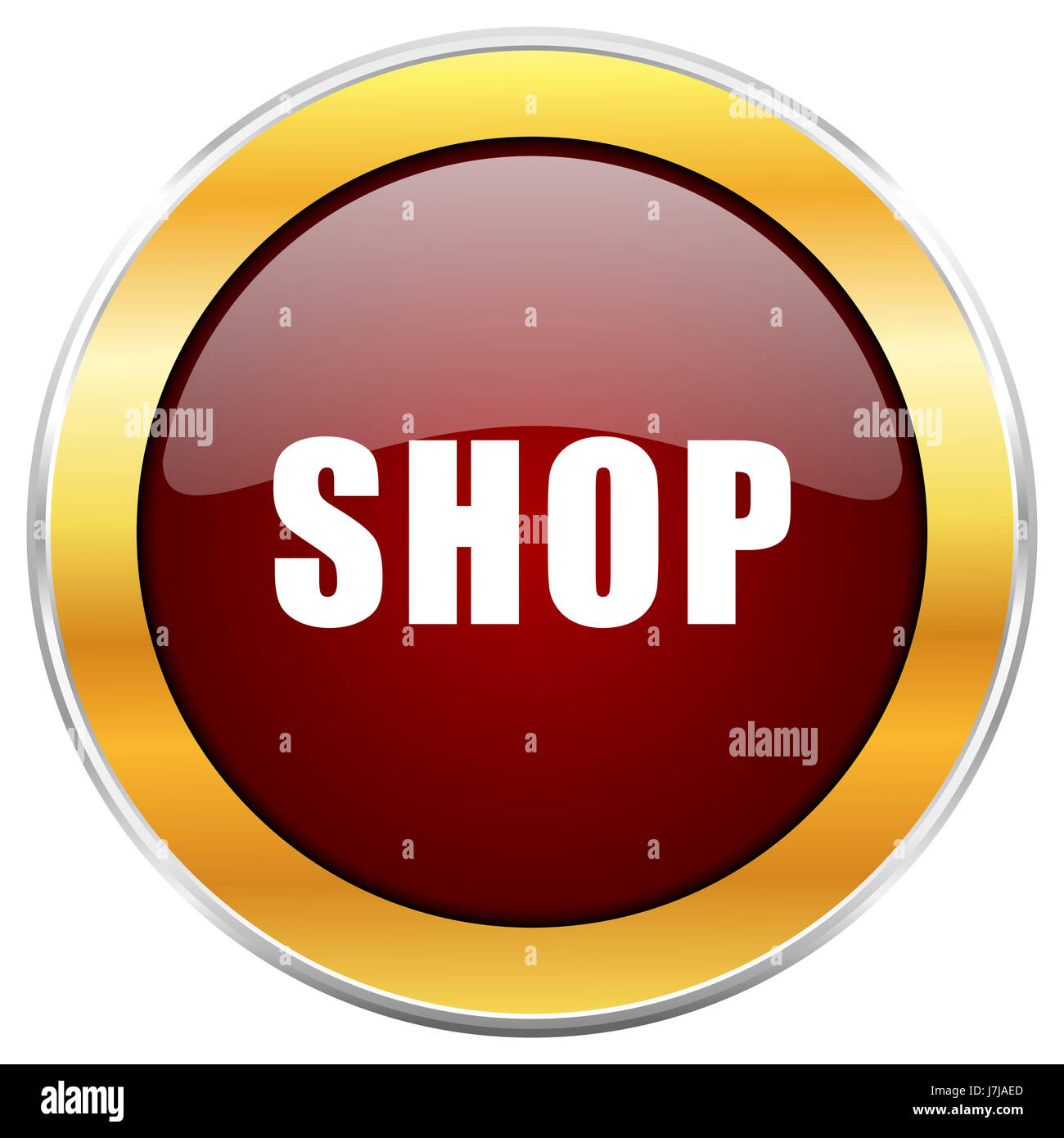 Shop red web icon with golden border isolated on white background ...