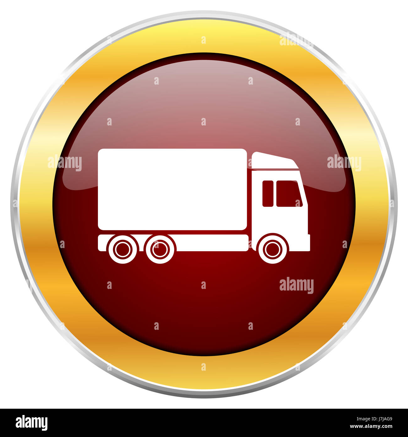 Delivery red web icon with golden border isolated on white background ...