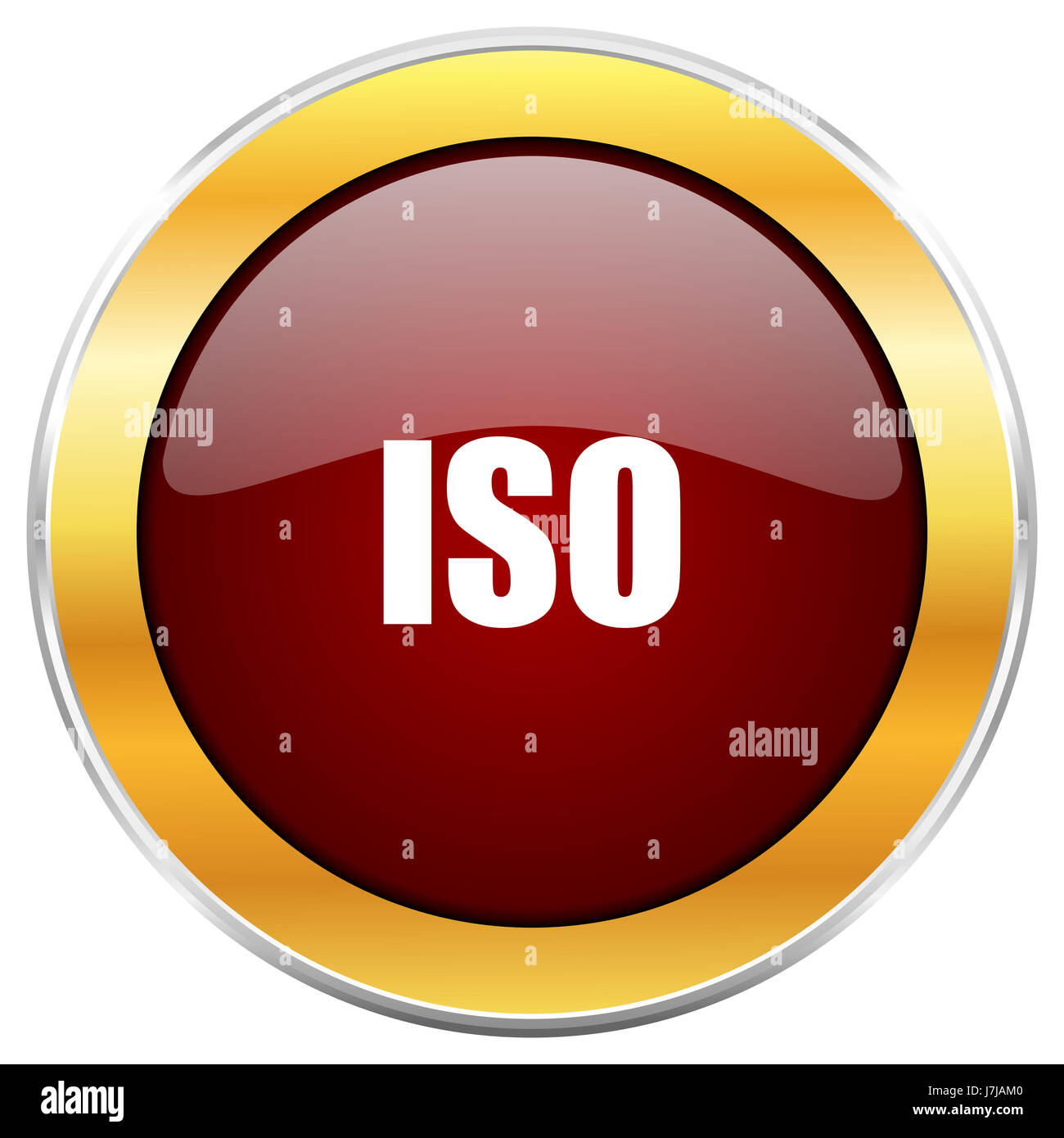 ISO red web icon with golden border isolated on white background. Round ...
