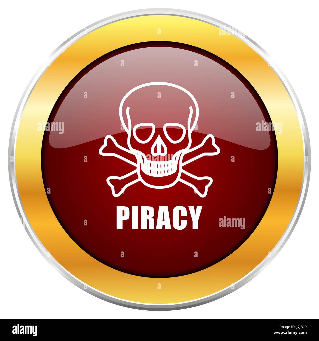 Piracy skull red web icon with golden border isolated on white background. Round glossy button. Stock Photo