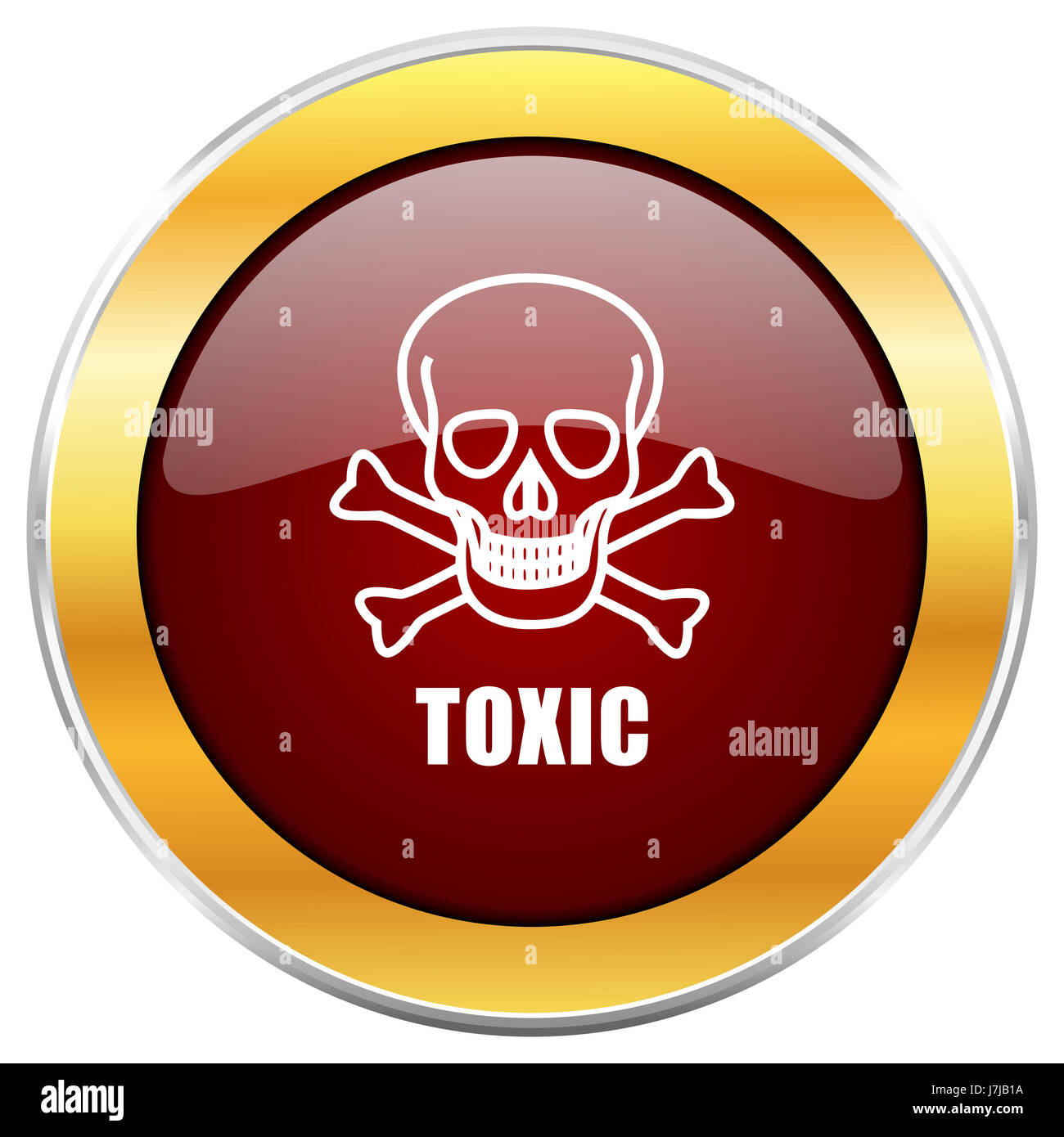 Toxic skull red web icon with golden border isolated on white background. Round glossy button. Stock Photo