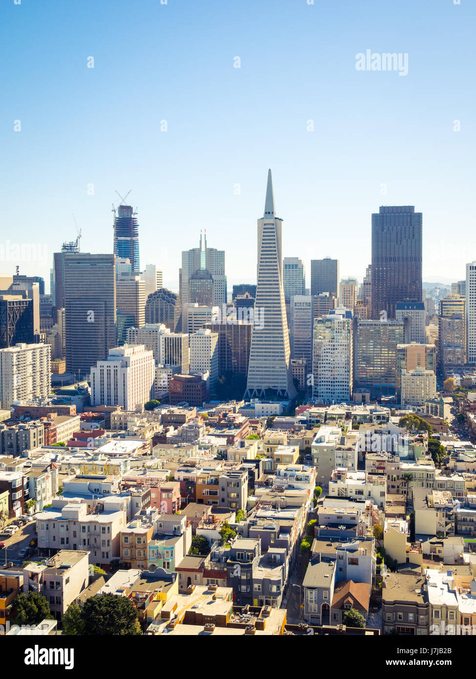 The sensational skyline of downtown San Francisco, California as seen from atop Coit Tower on Telegraph Hill. Stock Photo