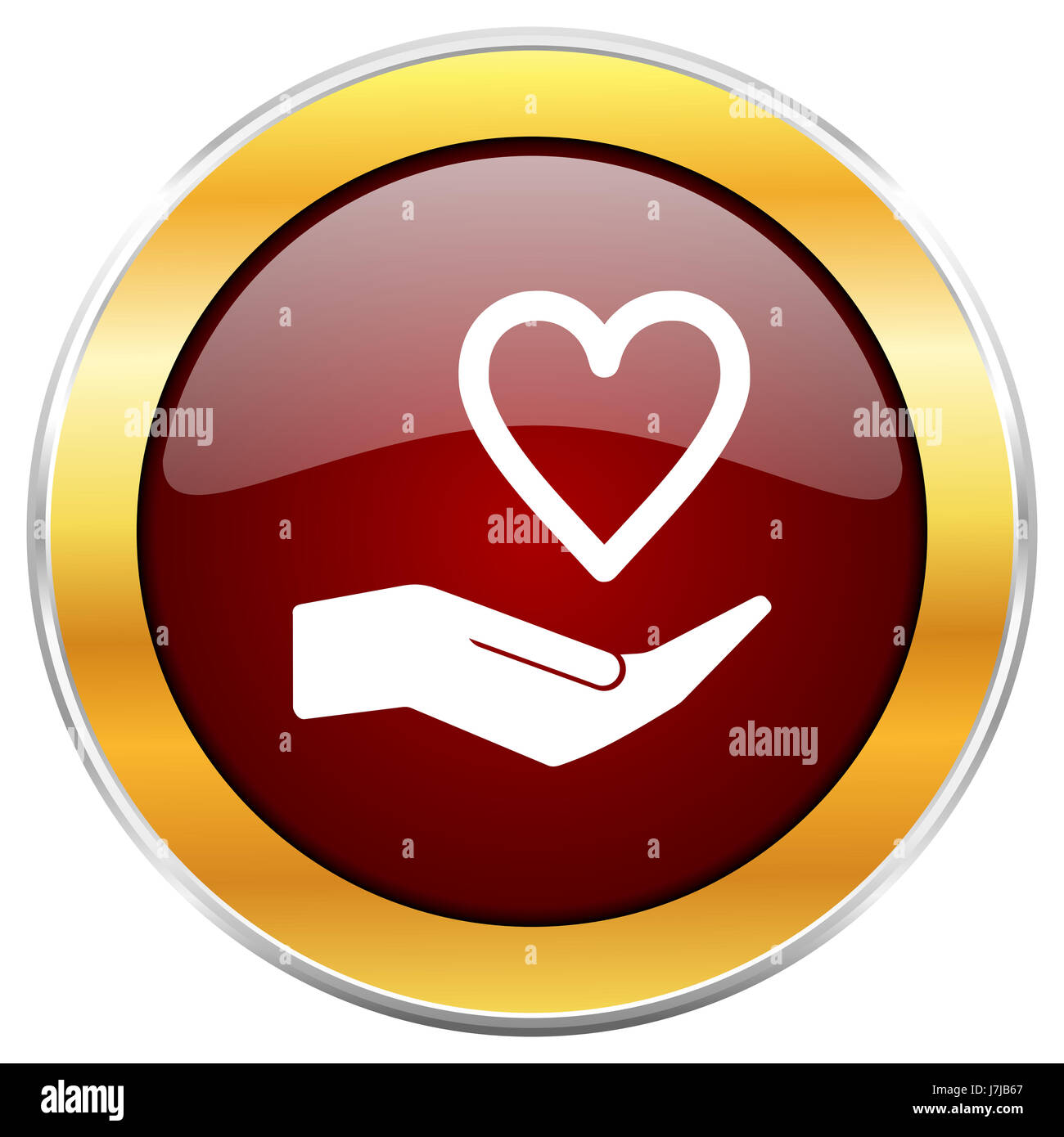 Care love red web icon with golden border isolated on white background. Round glossy button. Stock Photo