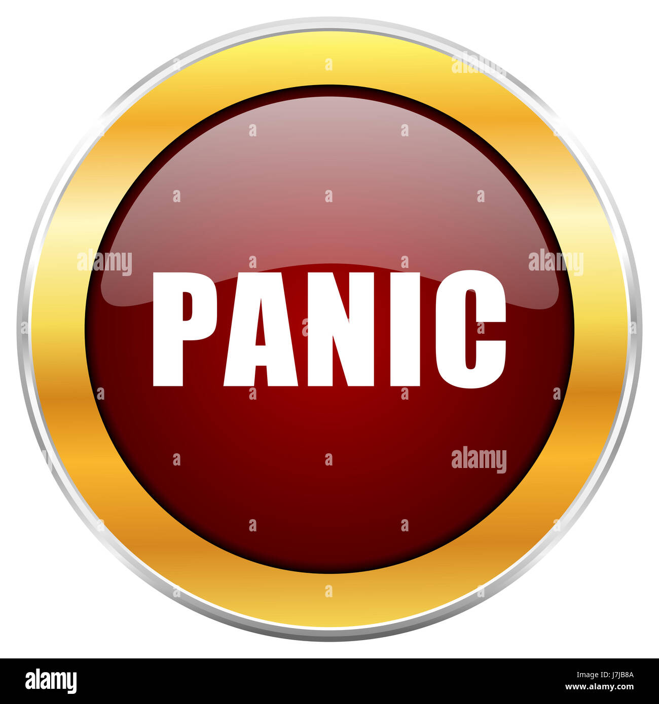 Panic red web icon with golden border isolated on white background ...